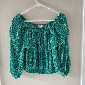 Hollister Green Flutter Floral Off-Shoulder Ruffle Women's Crop Top Boho Large